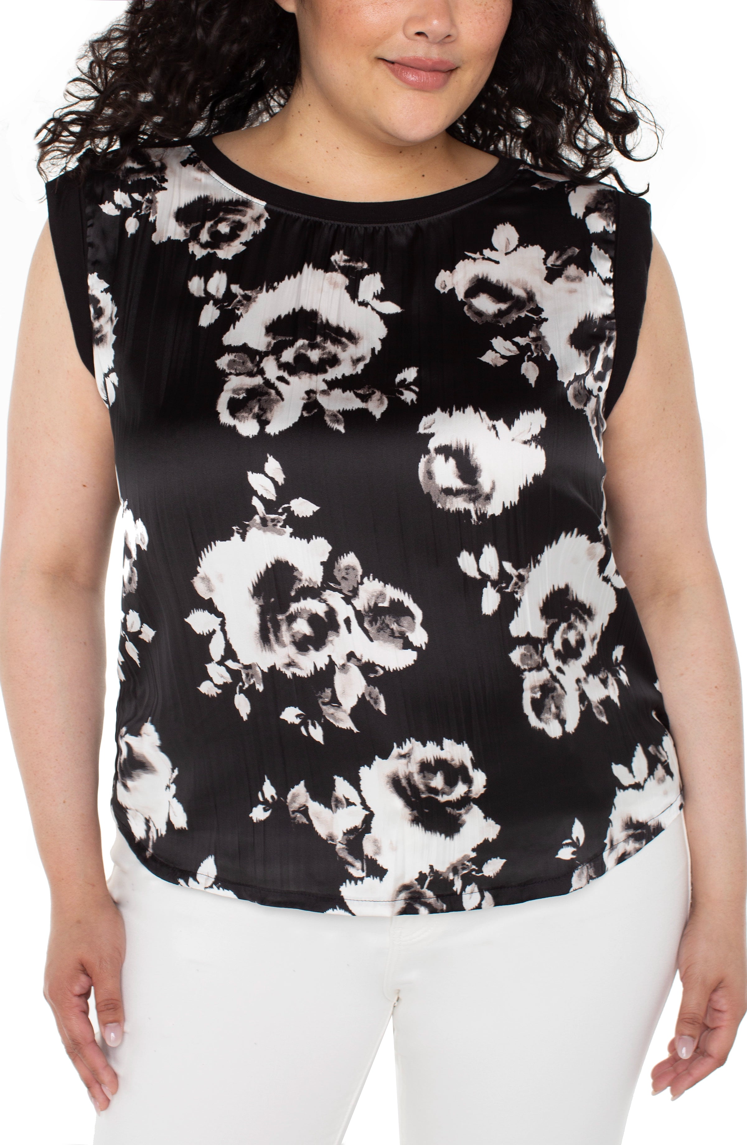 SLEEVELESS WOVEN TO KNIT TOP