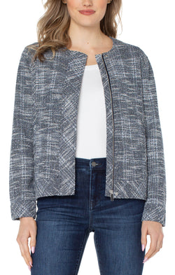 Open COLLARLESS ZIP UP JACKET ROYAL NAVY PLAID BOUCLE-1 in gallery view