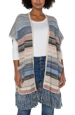 Open SLEEVELESS CARDIGAN SWEATER WTIH FRINGE BLUE MULTI-1 in gallery view
