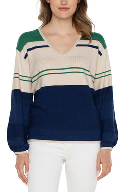 Open V-NECK BLOUSON SWEATER WITH COLOR BLOCKING EMERALD MERCHANT BLUE-1 in gallery view