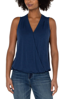 Open SLEEVELESS V-NECK DRAPE FRONT KNIT TOP NIGHT SKY BLUE-1 in gallery view
