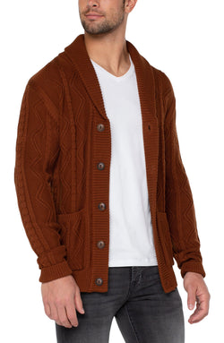 Open FISHERMAN CABLE SHAWL COLLAR CARDIGAN CARAMEL-1 in gallery view