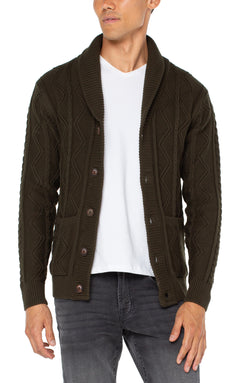 Open FISHERMAN CABLE SHAWL COLLAR CARDIGAN MOSS-1 in gallery view