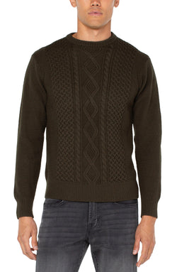 Open CREW NECK CABLE SWEATER MOSS-1 in gallery view