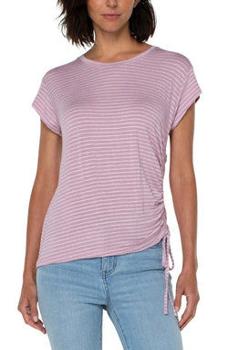 Open SCOOP NECK TEE WITH SIDE DETAIL MAUVE SHADOW STRIPE-1 in gallery view