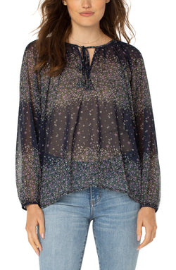 Open SHIRRED BLOUSE WITH NECK TIES MIDNIGHT GARDEN-1 in gallery view