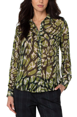 Open BUTTON UP WOVEN BLOUSE ABSTRACT FOLIAGE-1 in gallery view