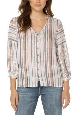 Open BUTTON FRONT PEASANT BLOUSE MULTI COLOR STRIPE-1 in gallery view