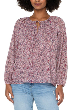 Open LAYERED SHIRRED BLOUSE WITH NECK TIES WILDFLOWER DITSY PRINT-1 in gallery view