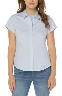 Open CAP SLEEVE BUTTON FRONT SHIRT SKY BLUE-1 in gallery view