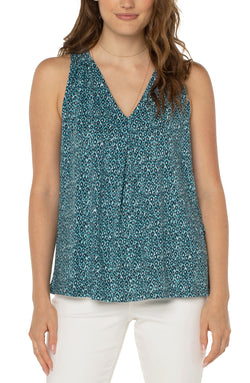 Open SLEEVELESS V-NECK KNIT TOP TEAL MINI PAINTERLY CHEETAH-1 in gallery view