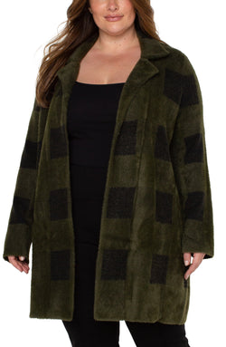 Open OPEN FRONT COATIGAN SWEATER GREEN BLACK BUFFALO CHECK-1 in gallery view
