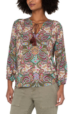 Open TIE FRONT POPOVER BLOUSE SCROLLING PAISLEY PRINT-1 in gallery view