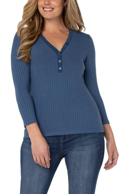 Open 3/4 SLEEVE RIB KNIT HENLEY TOP CHAMBRAY BLUE-1 in gallery view